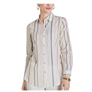 Chico's XL Blouse Button Down‎ Shirt Womens Striped White Long Sleeve Cotton